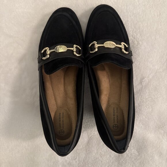 Gianni Bernini Porshaa Black Suede Loafer Heels With Gold Buckle Women's Size 8M - Picture 7 of 12